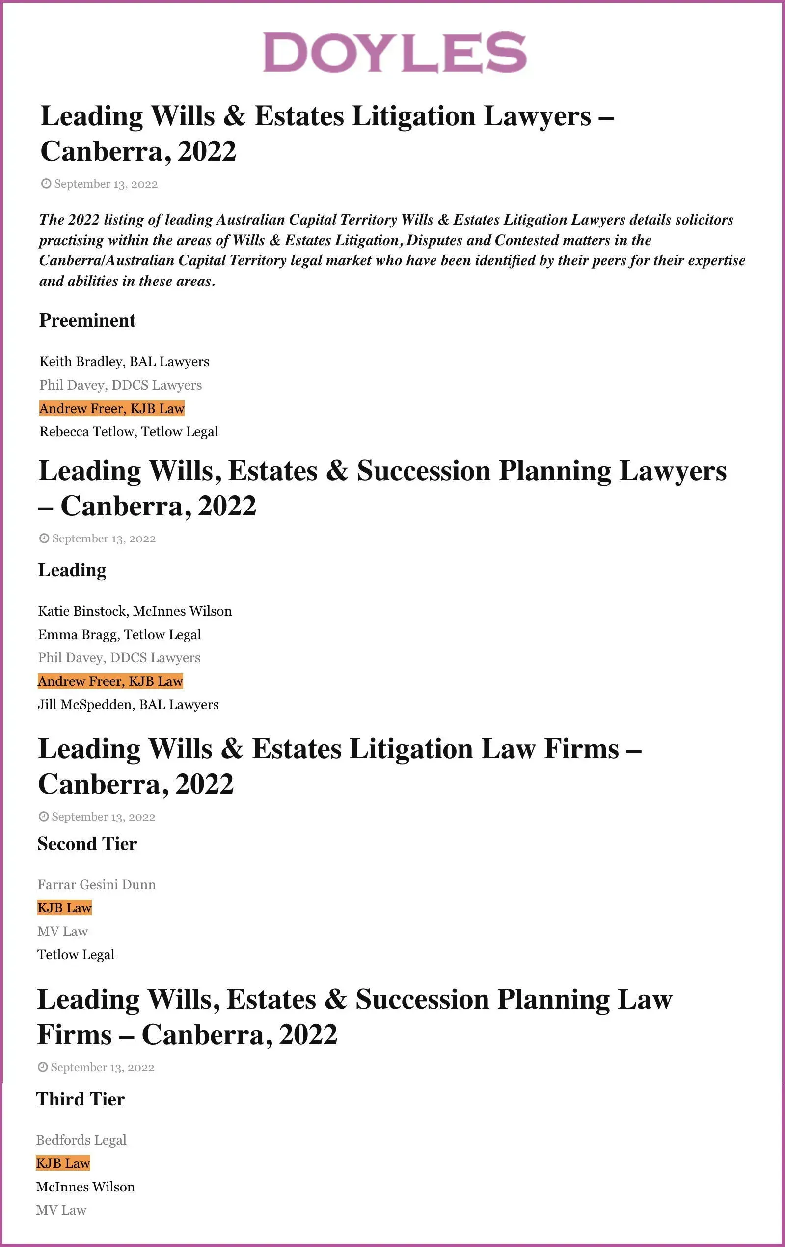 A list from Doyles of leading wills and estates lawyers and law firms in Canberra, 2022.
