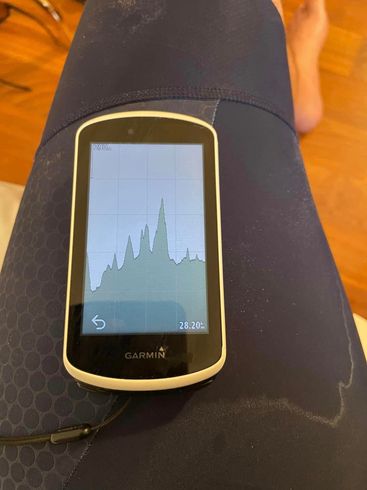 Garmin cycling computer on blue athletic clothing, displaying a ride's elevation profile. A foot is in the background.
