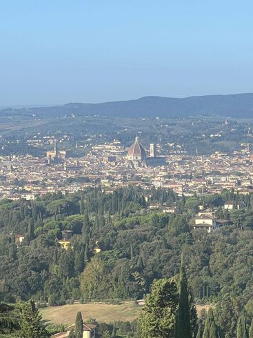 Panoramic view of Florence, Italy, with the Duomo's dome rising above the city and green hills in the foreground.