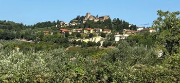 A hilltop village with buildings and a tower, surrounded by greenery under a clear blue sky.