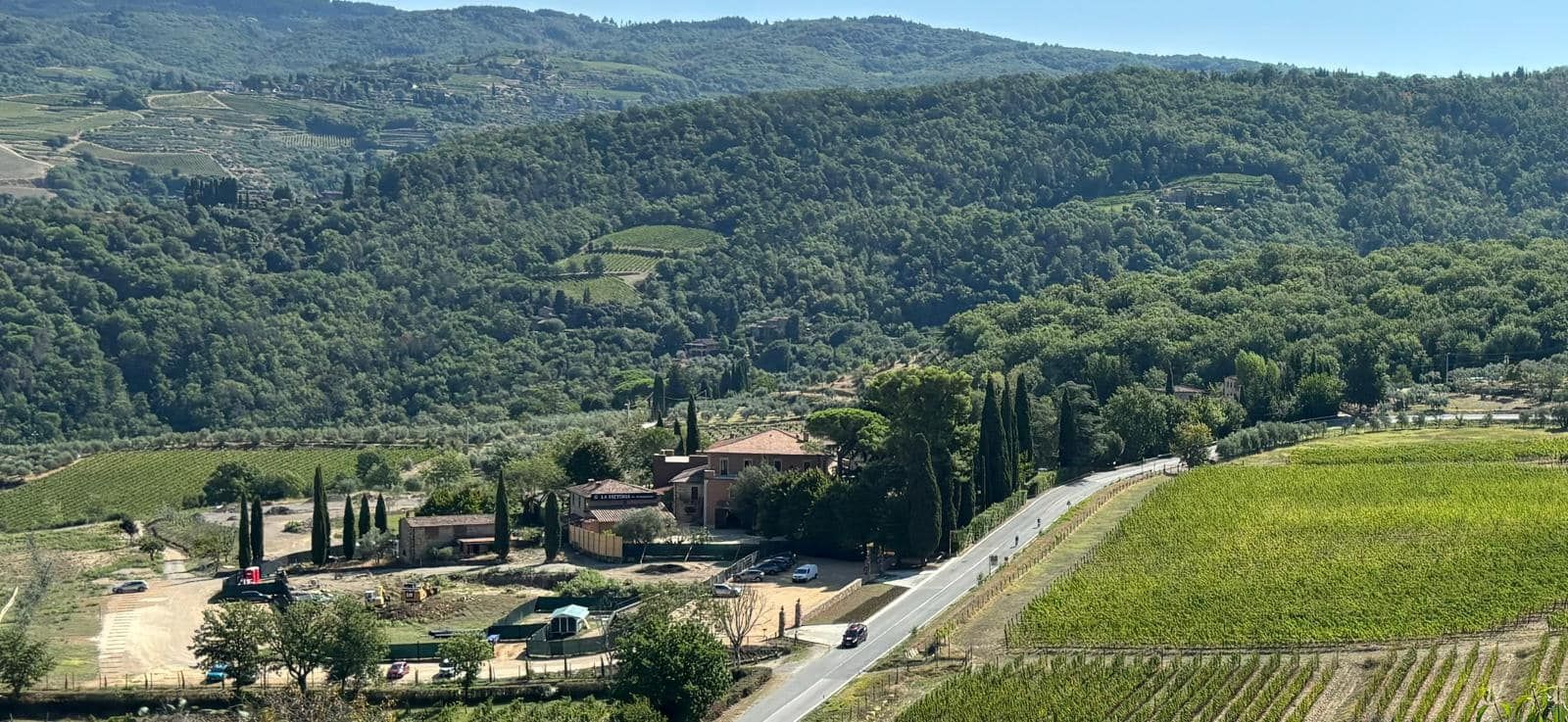 Scenic view of a green Tuscan landscape, featuring rolling hills, vineyards, and a road.