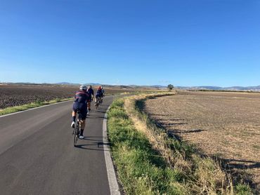 Cyclists ride down a road next to a field under a clear blue sky.