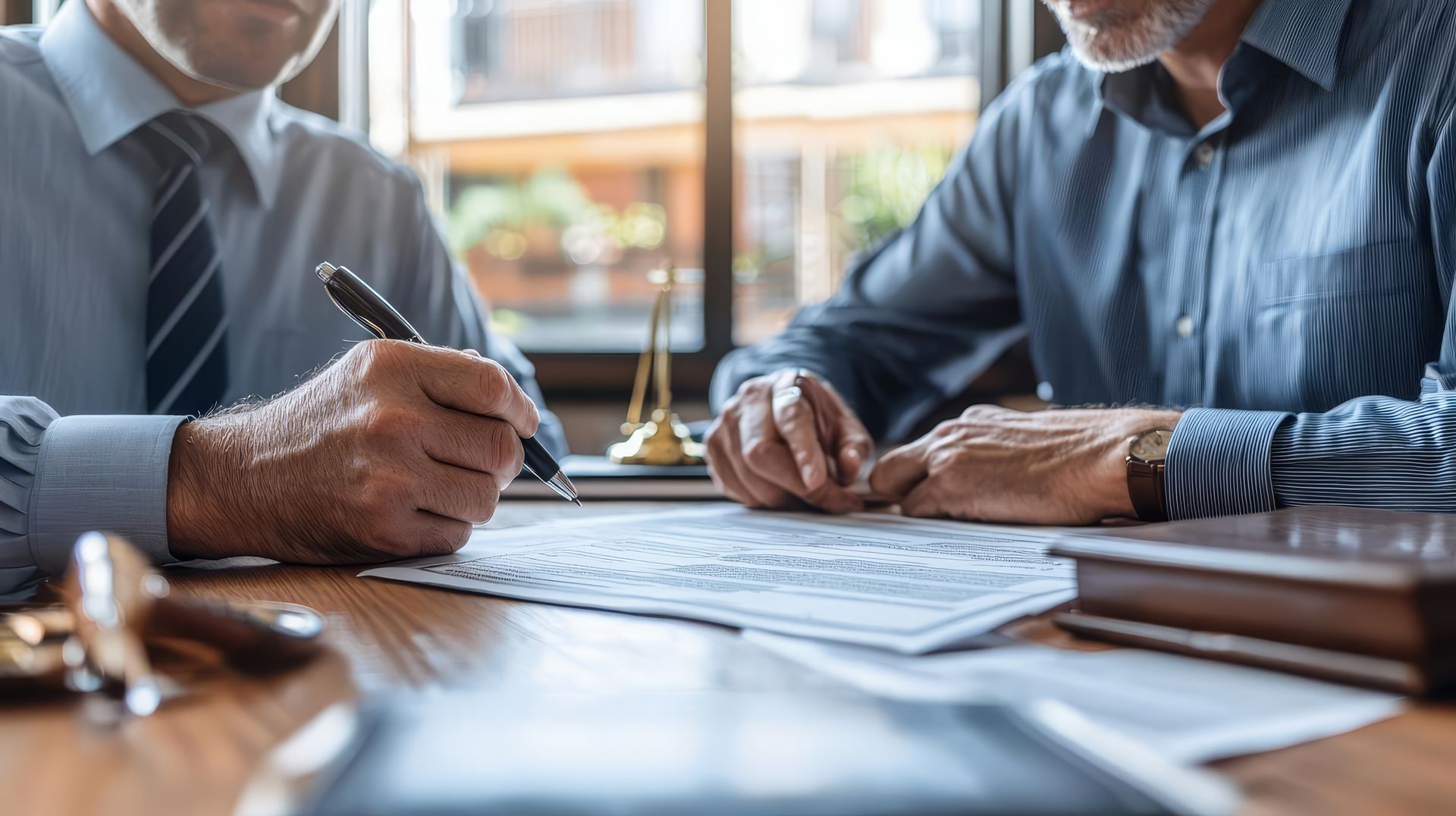 A professional conveyancing lawyer reviews a property contract with a client during a meeting.