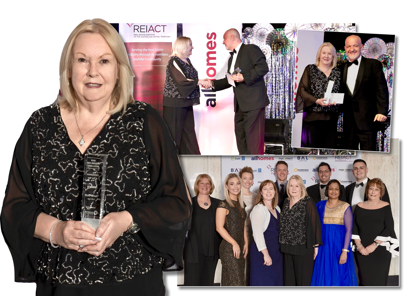 Woman holding an award with three smaller photos of award presentations, all people are in formal wear.