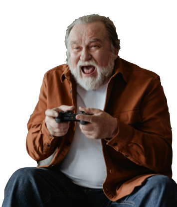 Elderly man playing video games, yelling in excitement.