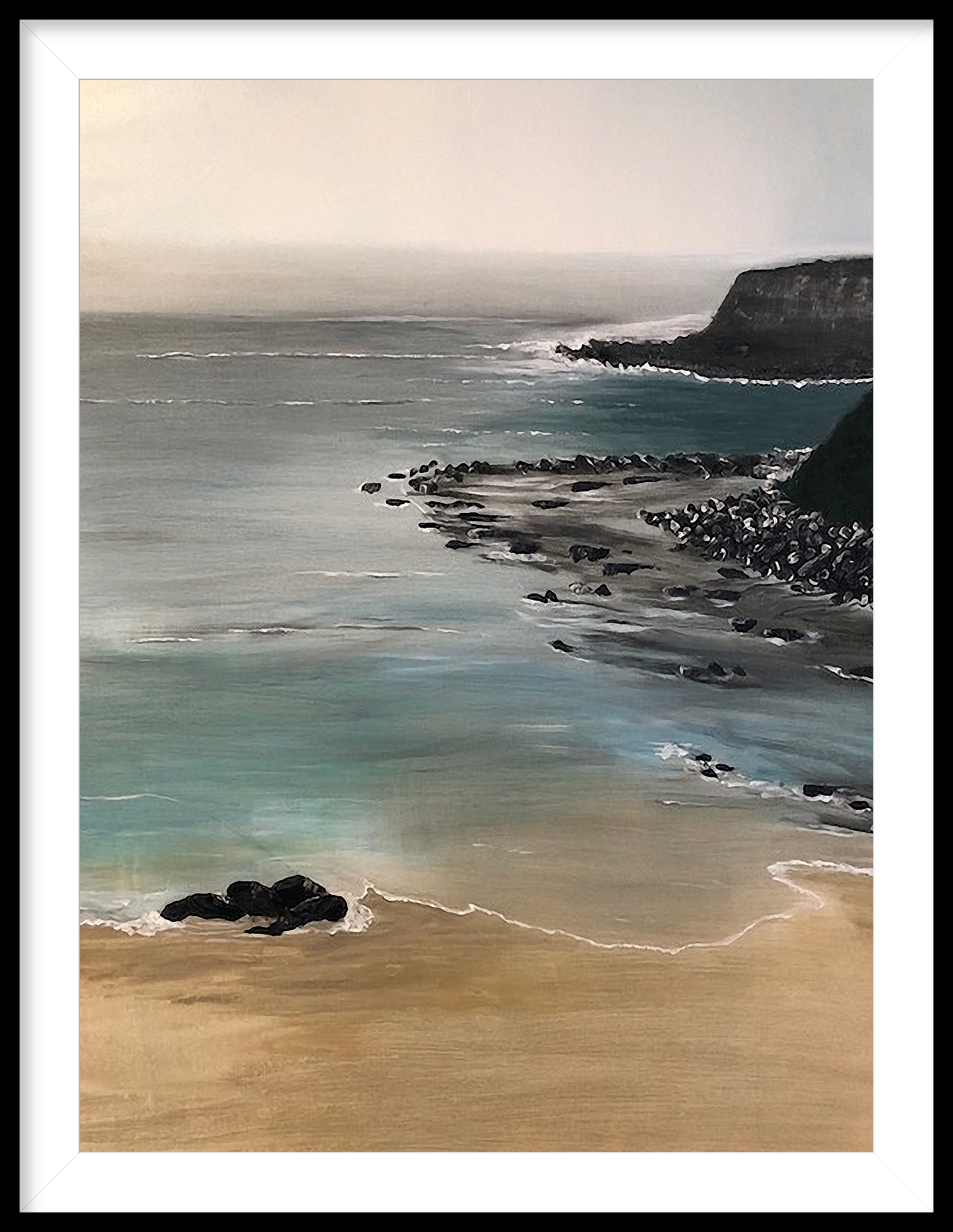 Beach landscape painting: teal water, rocky shore, sand, and distant cliffs under a hazy sky.
