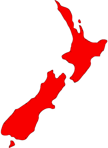 Red silhouette of the country New Zealand, showing the North and South Islands.