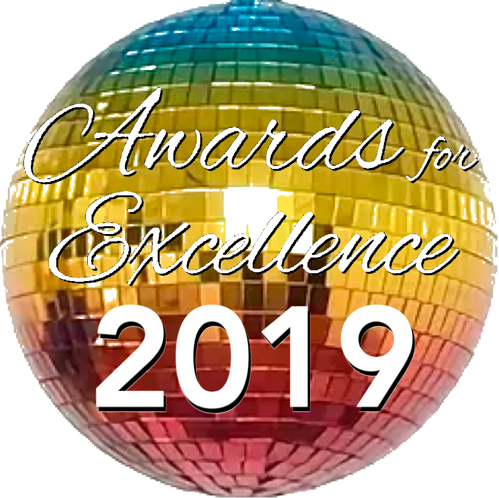 Awards for Excellence 2019 displayed on a disco ball with rainbow colors.