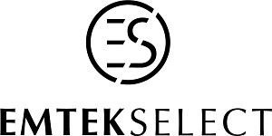 A black and white logo for a company called emtekselect.
