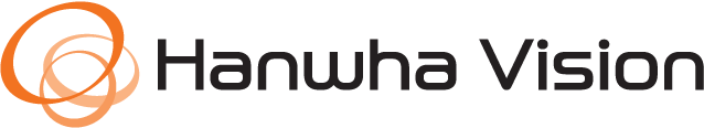 A hanwha vision logo with an orange circle in the middle
