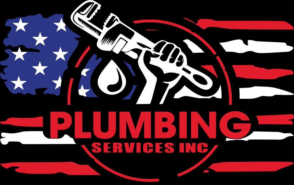 Plumbing Services Inc logo with wrench, pipe droplet, and American flag colors on black background