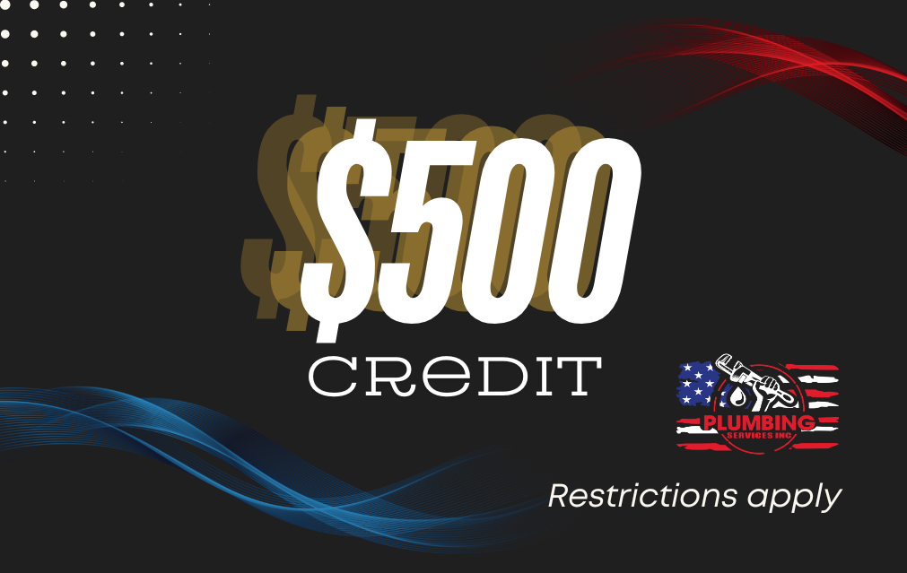 $500 credit promotion on a dark background with red and blue accents, restrictions apply