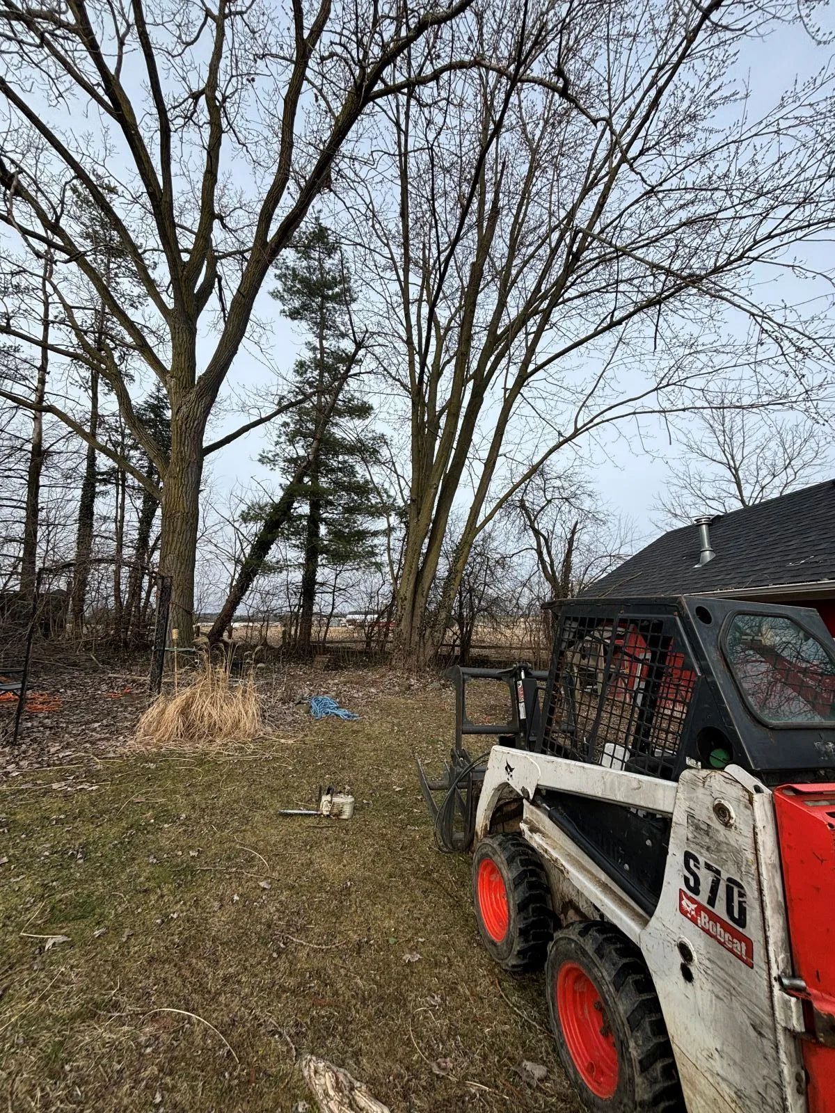 Bobcat S70 parked near trees in a yard, under a cloudy sky. Bare trees and dry grass are visible.