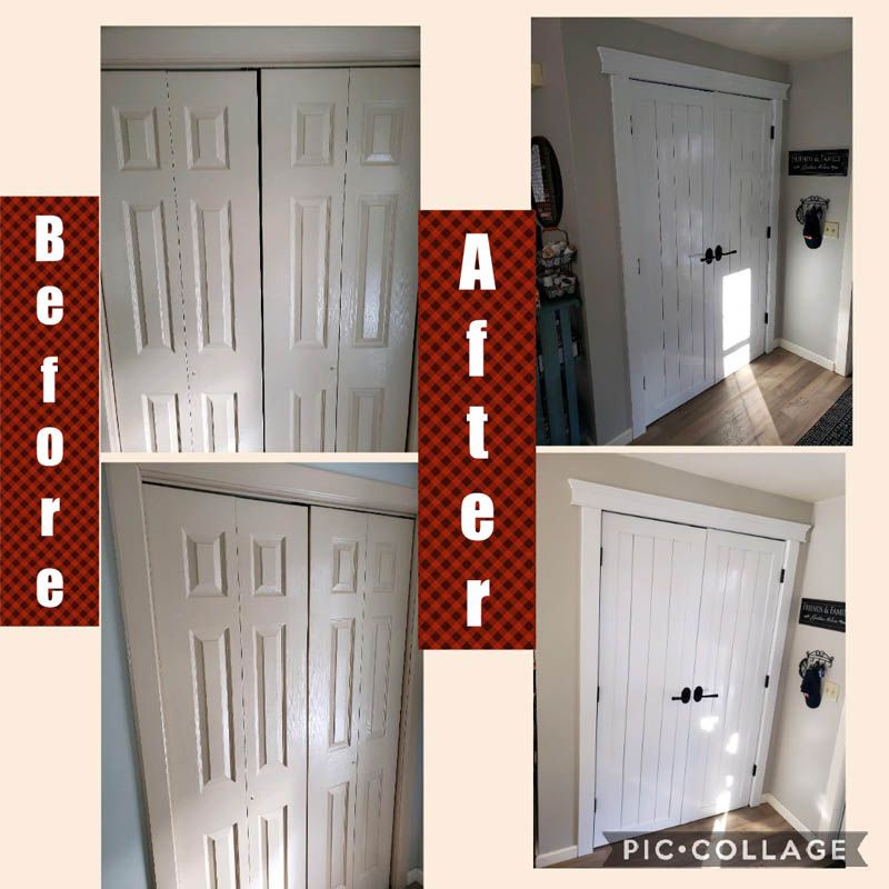 Collage of white closet doors before and after painting; white trim and black handles added.
