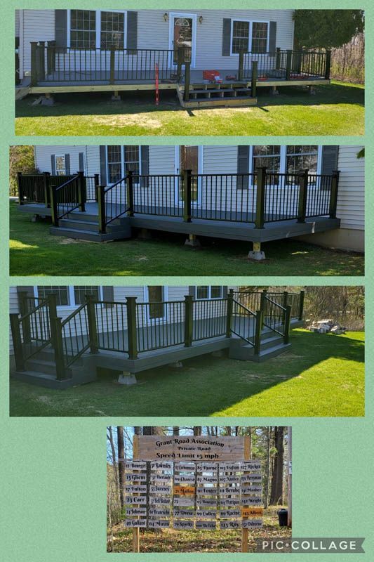Collage of a raised wooden deck under construction beside a house, showing different angles and framing details