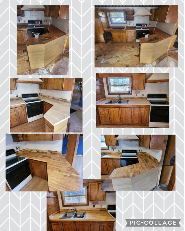 Collage of a kitchen with wood cabinets, granite countertops, black appliances, and a window above the sink
