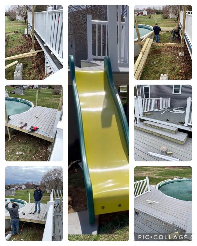 Collage of a backyard playset with a yellow slide and damaged white deck near a pool