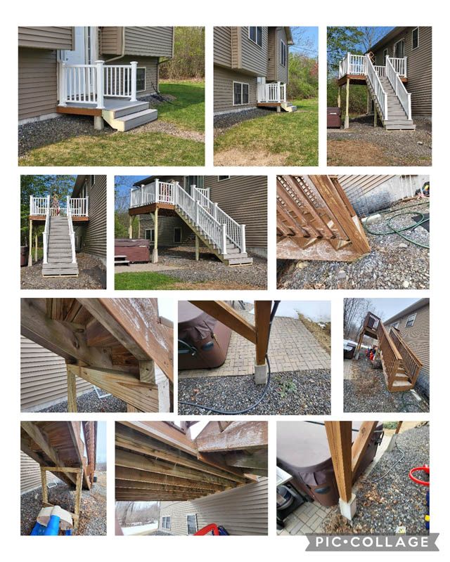 Collage of a white wooden porch stairway and structural damage beneath the deck, showing support posts and joists.