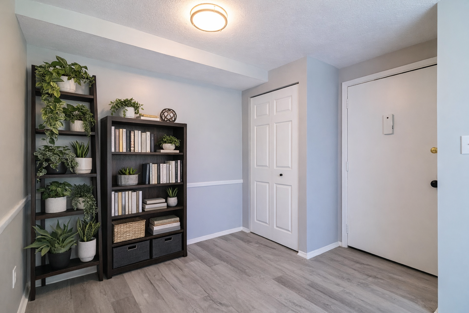 A bright entryway with light gray walls, wood floors, a tall plant shelf, a black bookcase, a white closet, and a door.