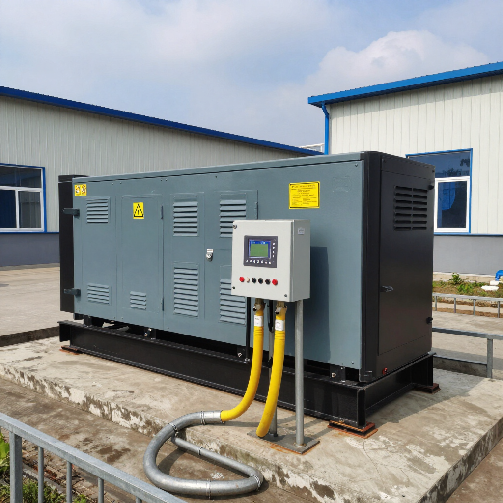 Gray industrial generator with control panel and yellow cables outside a building