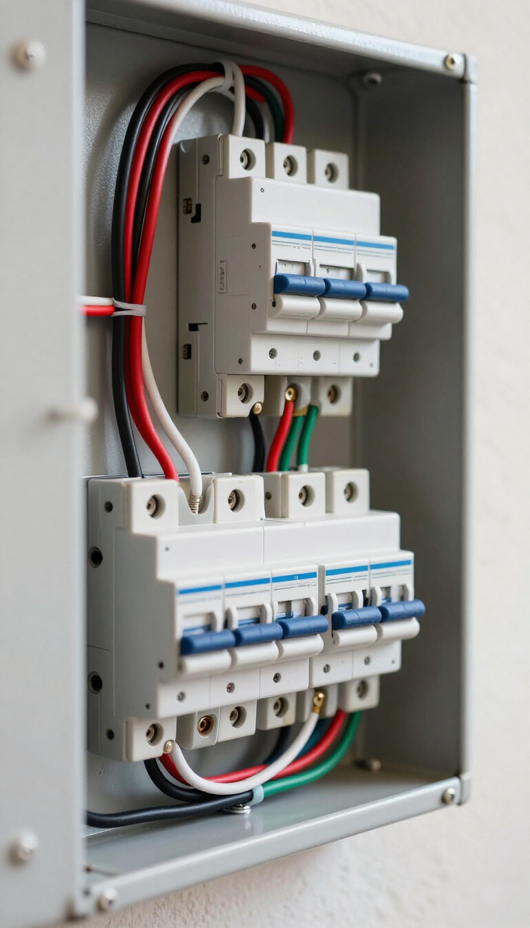 Electrical circuit breakers and wiring inside an open metal panel box.