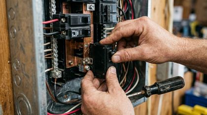 Hands wiring an electrical breaker panel with exposed copper and red-black cables.