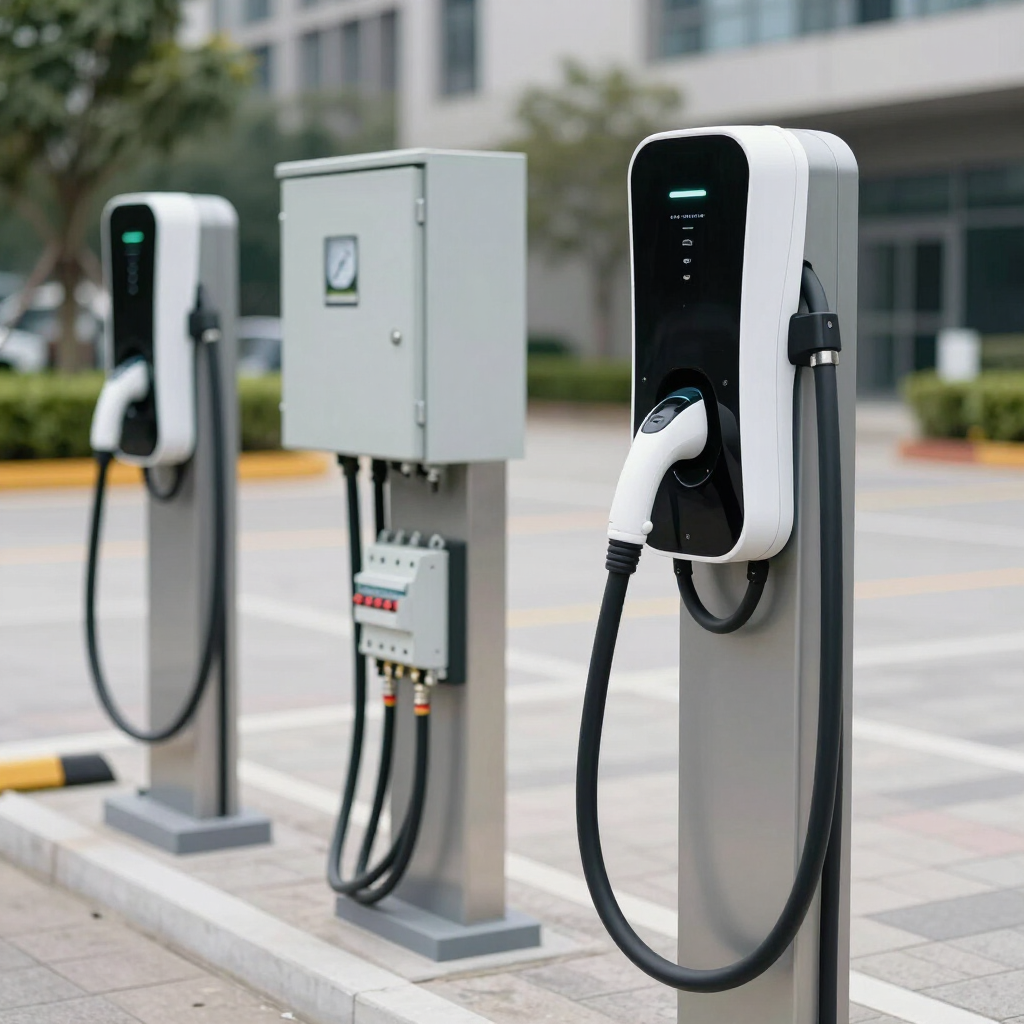 Electric vehicle charging stations with connected cables in a parking lot