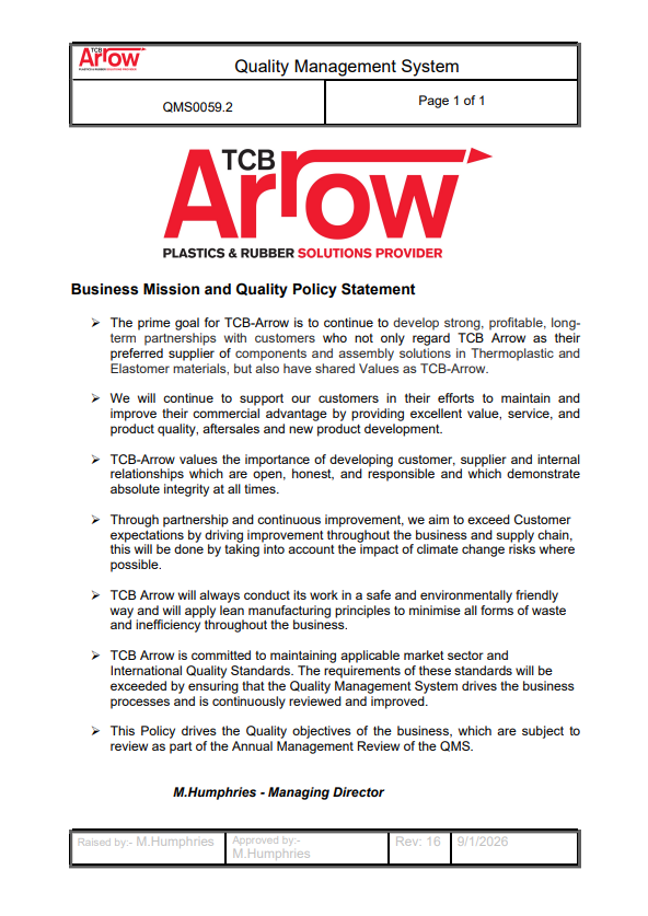 It is a tcb arrow business mission and quality policy statement.