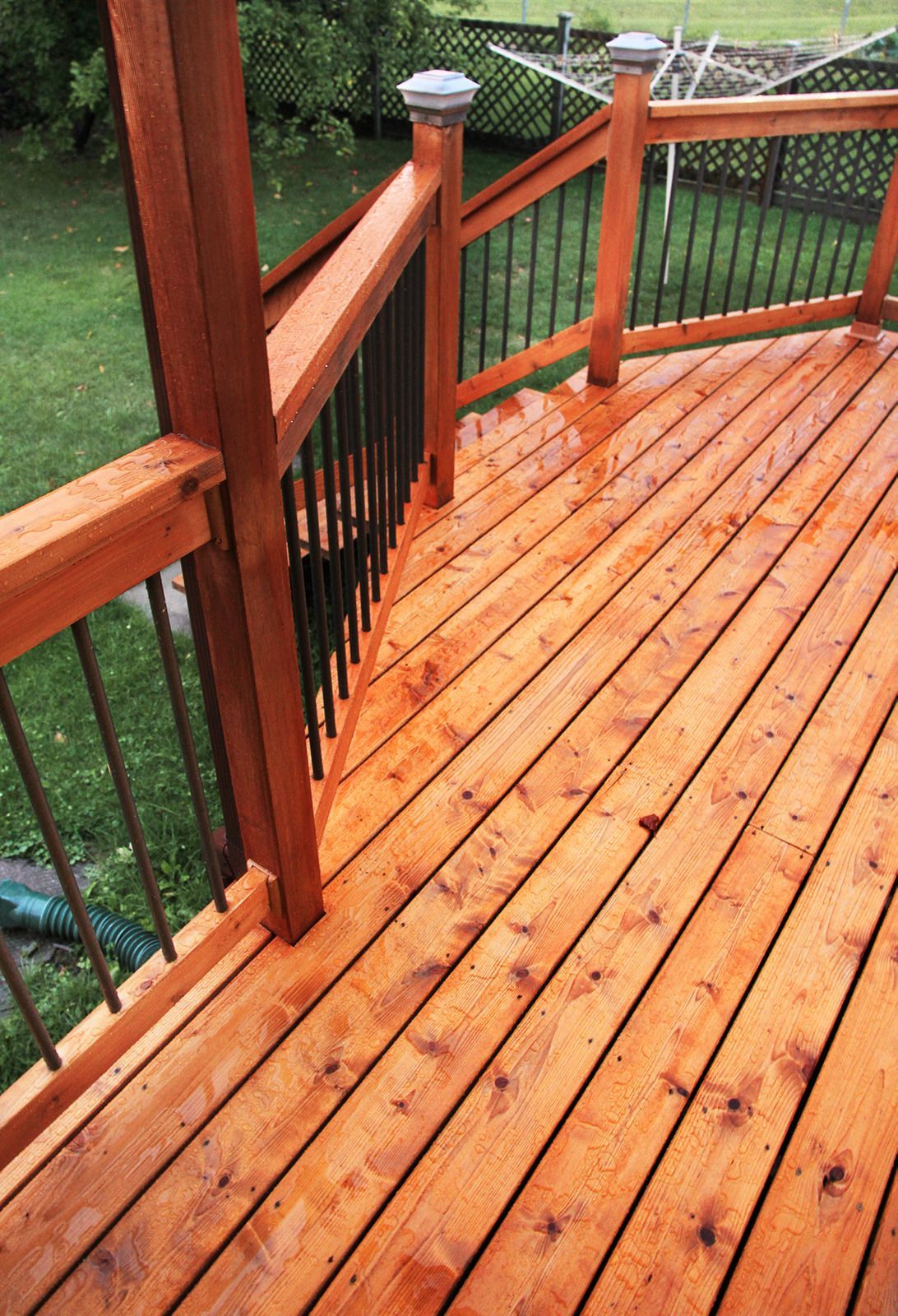 Wooden deck with reddish stain, black metal railings, and surrounding green lawn.
