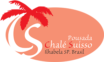 Logotipo da Pousada Chalé Suisso em Ilhabela, Brasil, apresentando uma palmeira vermelha sobre um oval cor de pêssego com texto branco em formato de curvas.
