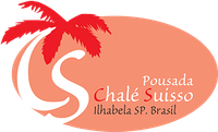 Logotipo da Pousada Chalé Suisso em Ilhabela, Brasil, apresentando uma palmeira vermelha sobre um oval cor de pêssego com texto branco em formato de curvas.