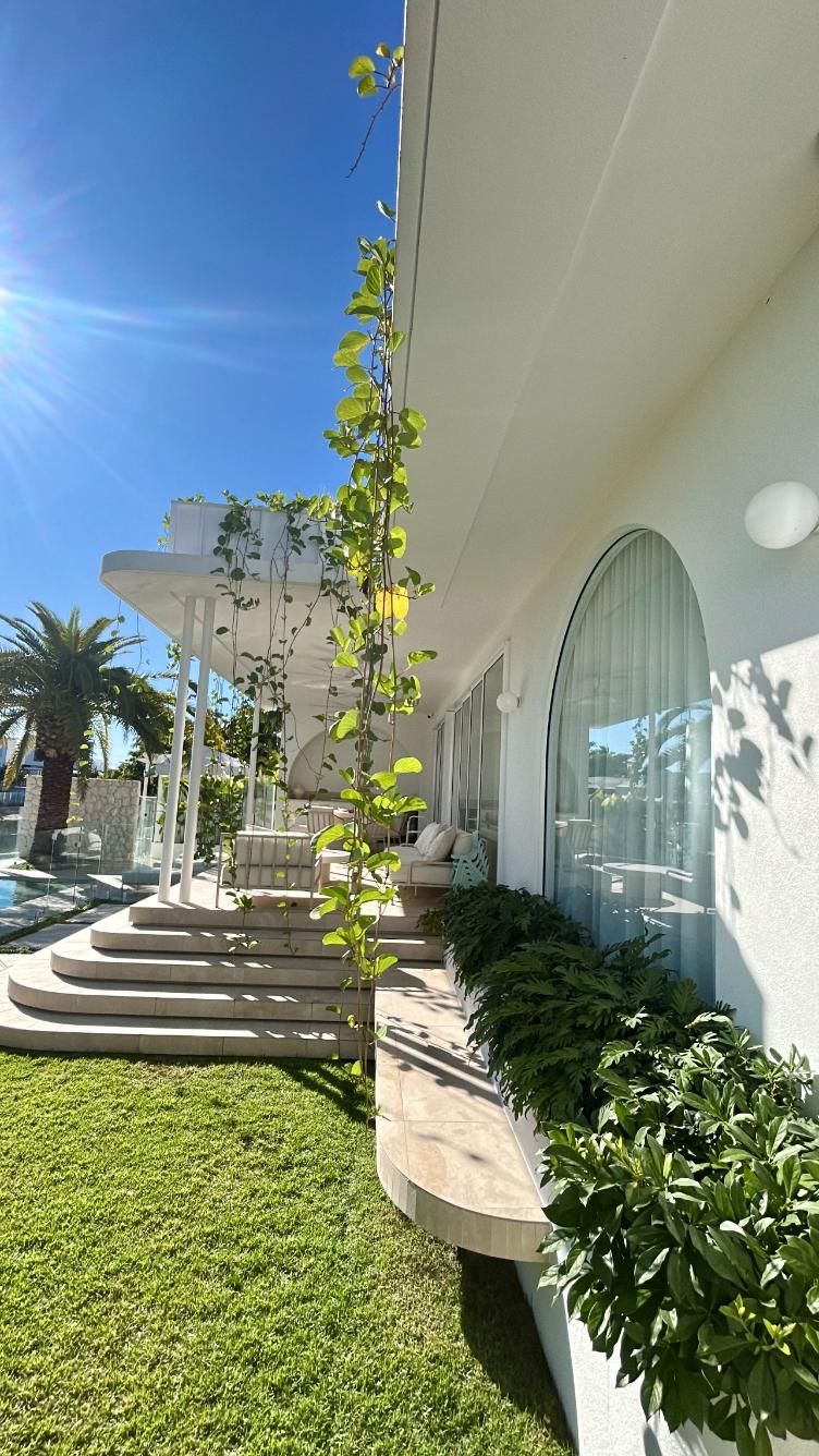 A bright, sunny patio with a white exterior, green climbing vines, tiered stone steps, and a lush garden.