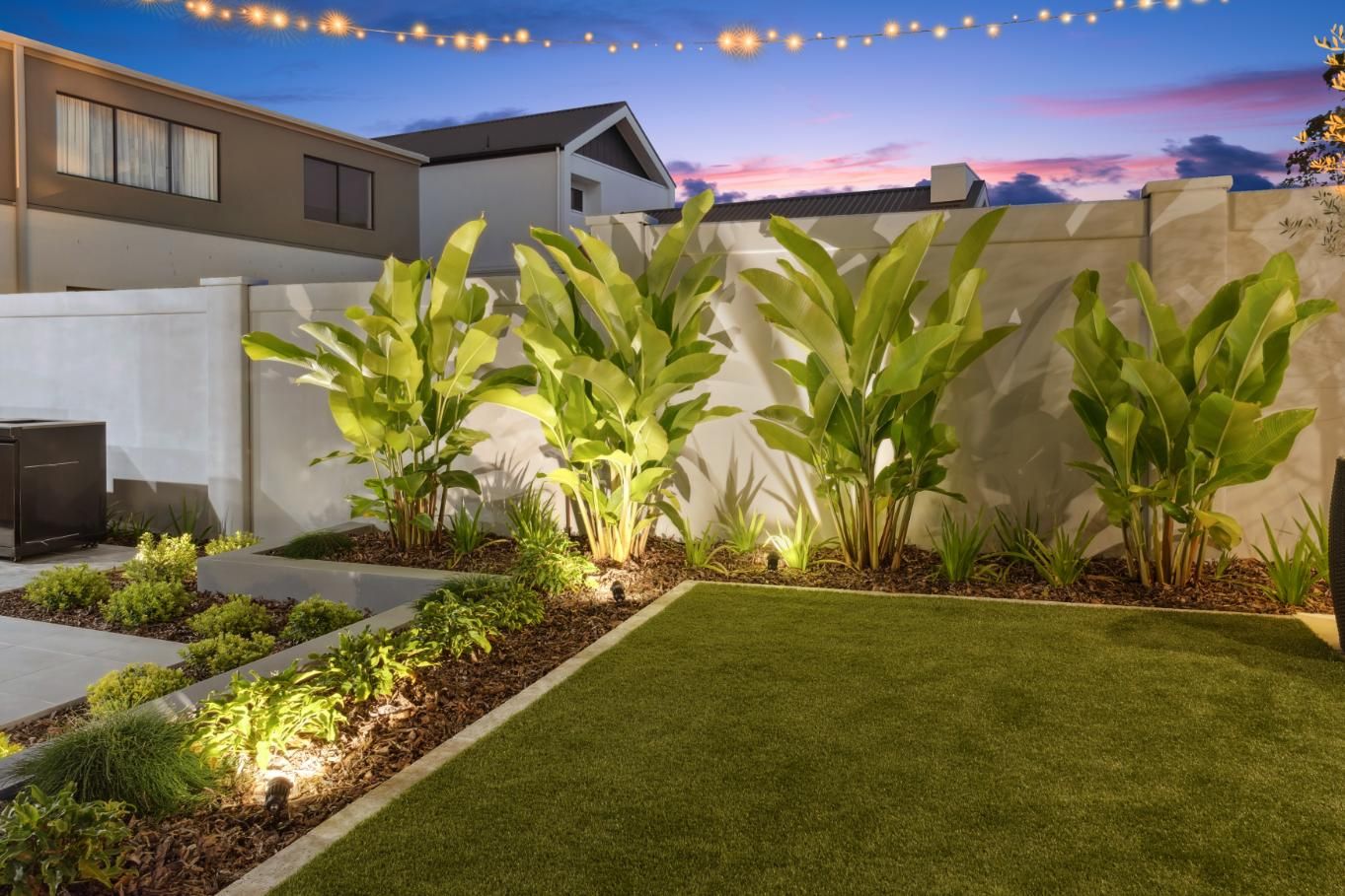 A landscaped garden with four large green tropical plants in mulch beds, an artificial lawn, and string lights at dusk.