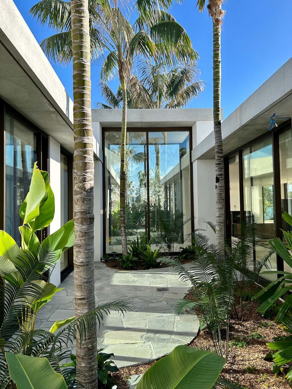A modern courtyard with a stone patio, tropical plants, and tall palm trees, framed by white walls and glass windows.