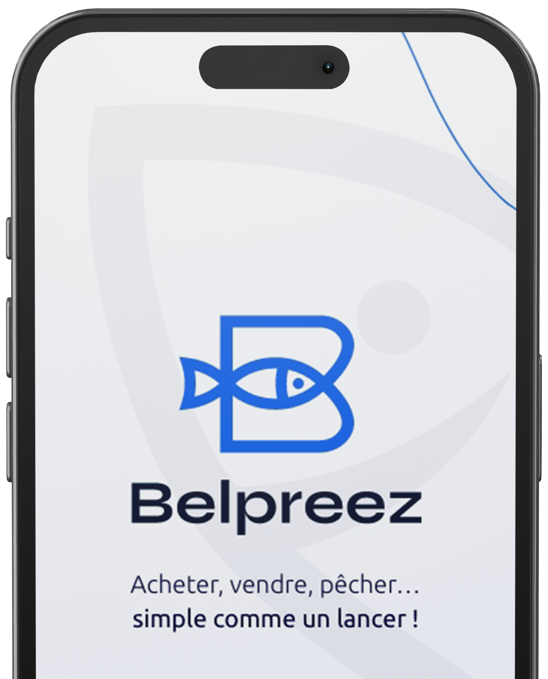 Écran de smartphone affichant le logo de l'application Belpreez : un « B » bleu contenant un poisson. En dessous, le nom « Belpreez » et un slogan en français.