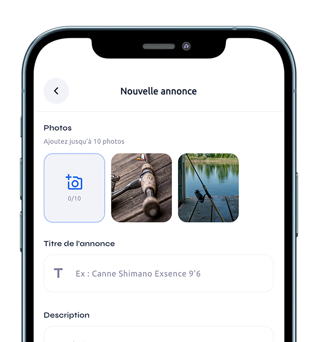 Écran de smartphone affichant l'application « Belpreez », avec le texte : « Vendez, achetez, échangez... Rejoignez la communauté des pêcheurs avertis ! »