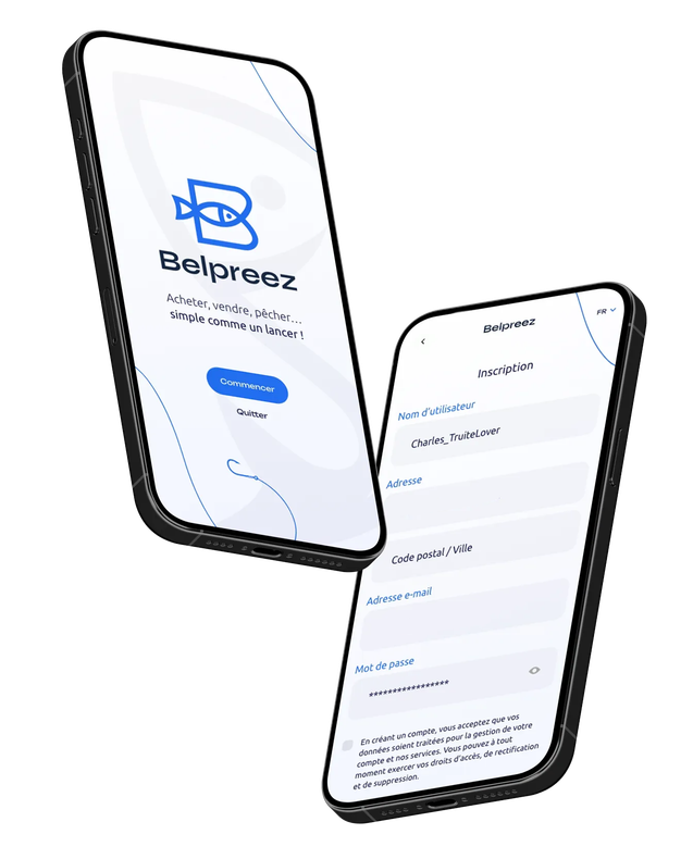 Deux smartphones affichent l'application Belpreez. Un écran affiche le logo, l'autre une liste d'options.
