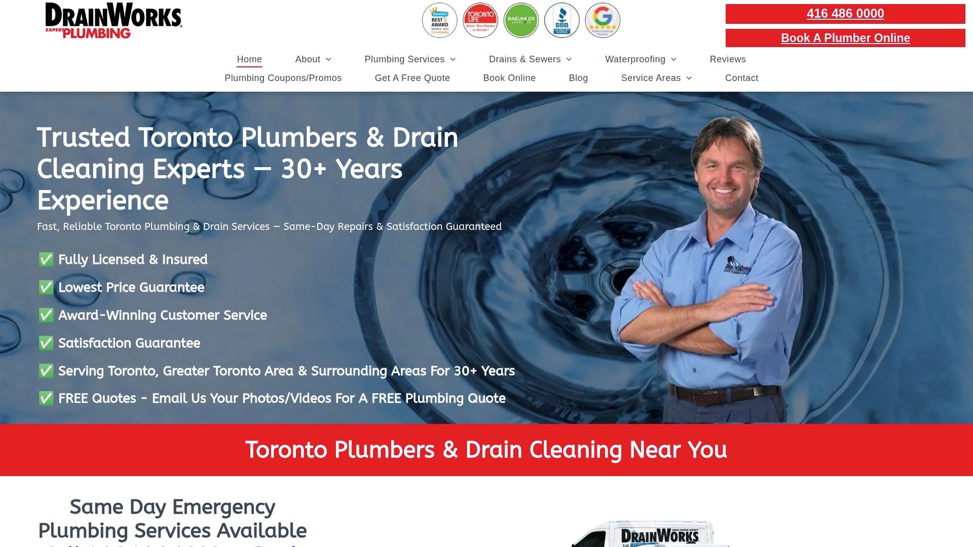 Toronto plumbing website homepage with plumber beside a large drain cleaning graphic and service call-to-action