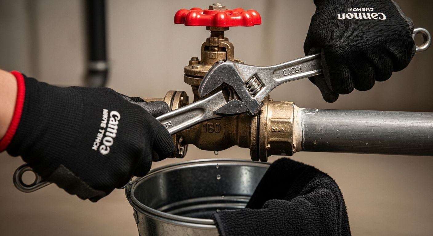 Hands in black work gloves use wrenches to repair a pipe fitting near a red valve; a bucket sits below.
