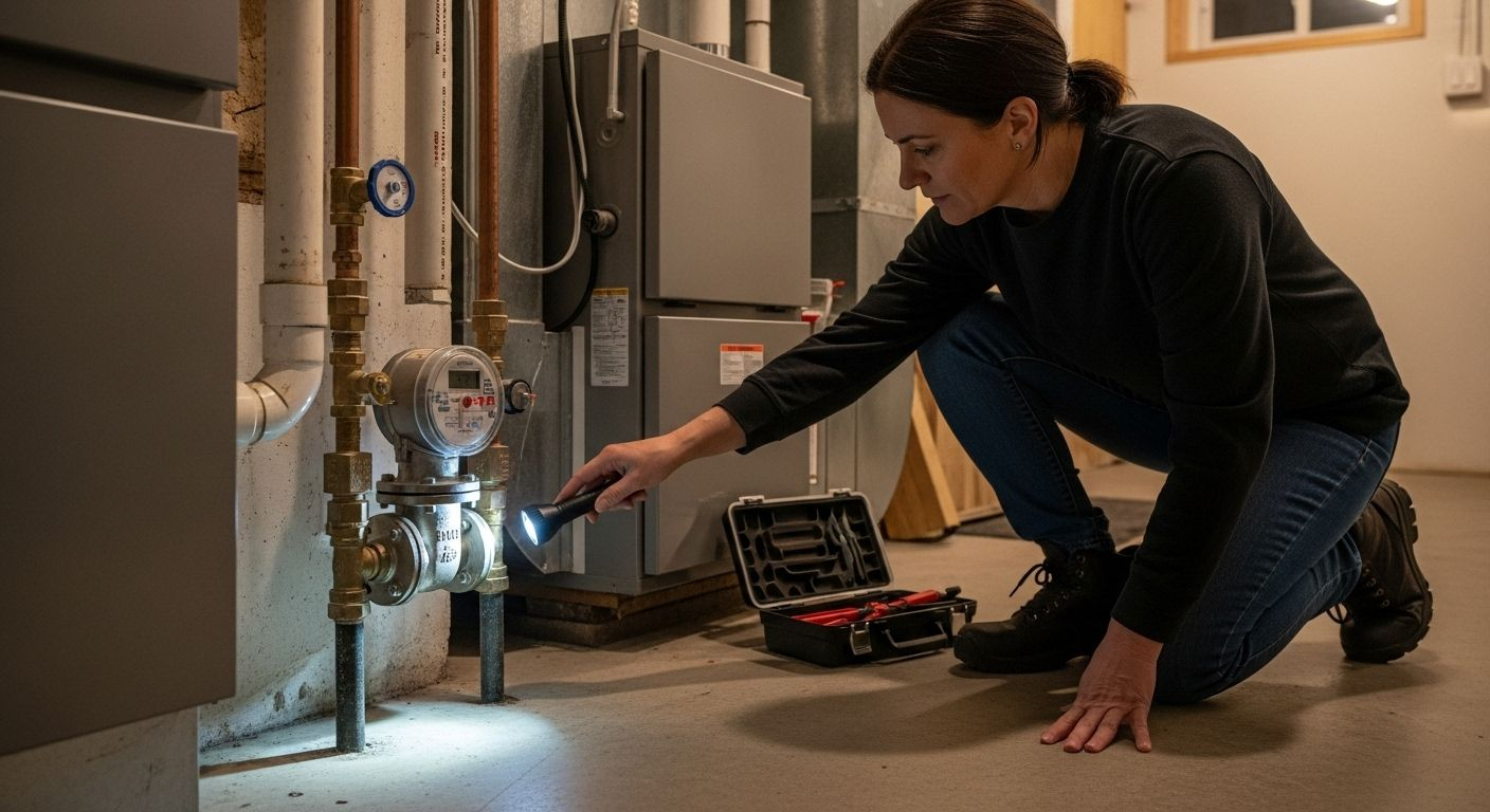 Woman inspecting pipes in a basement with a flashlight and toolbox.