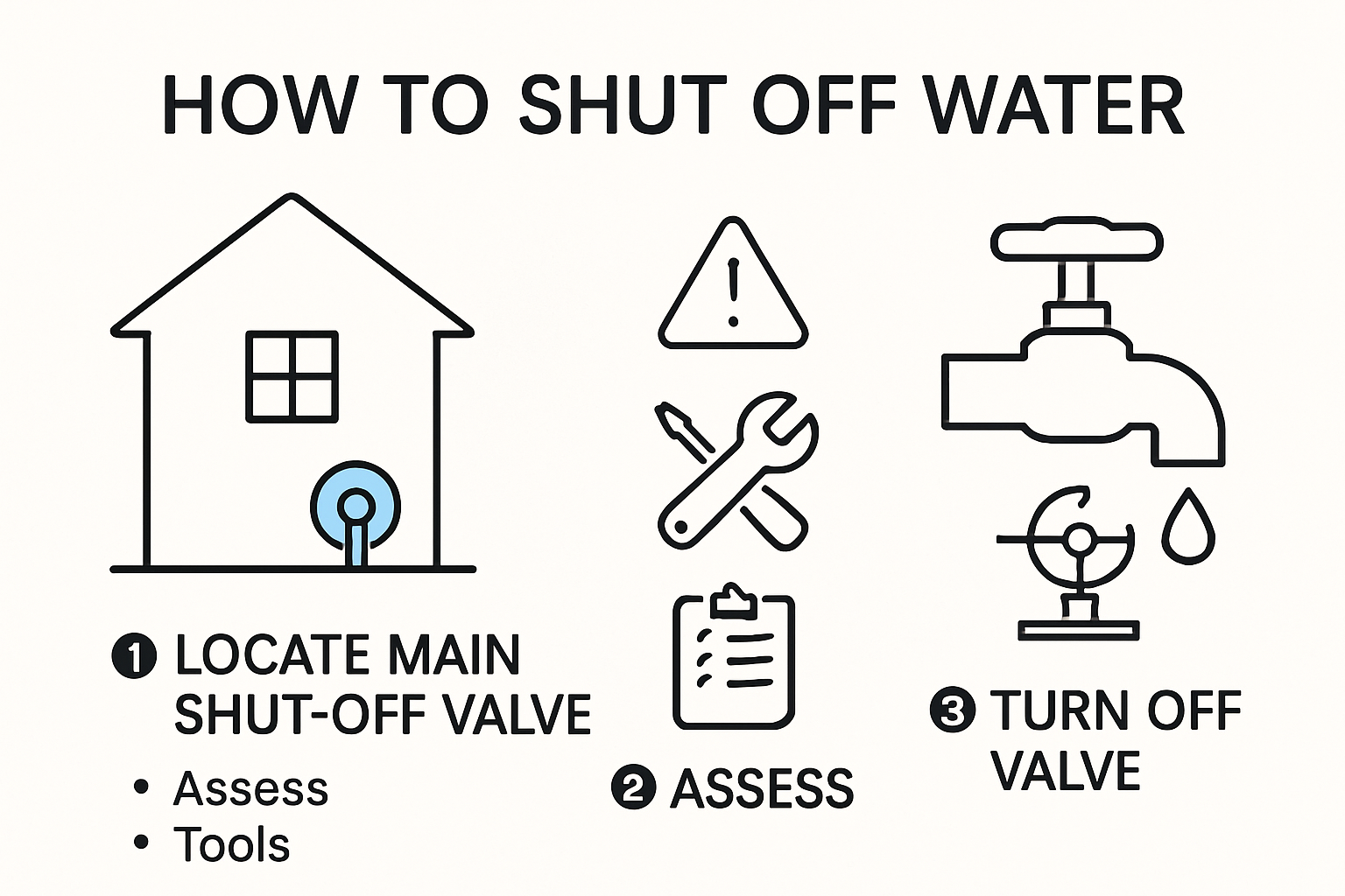 How to shut off water guide: locate valve, assess, then turn off. Includes a house, tools, and faucet.
