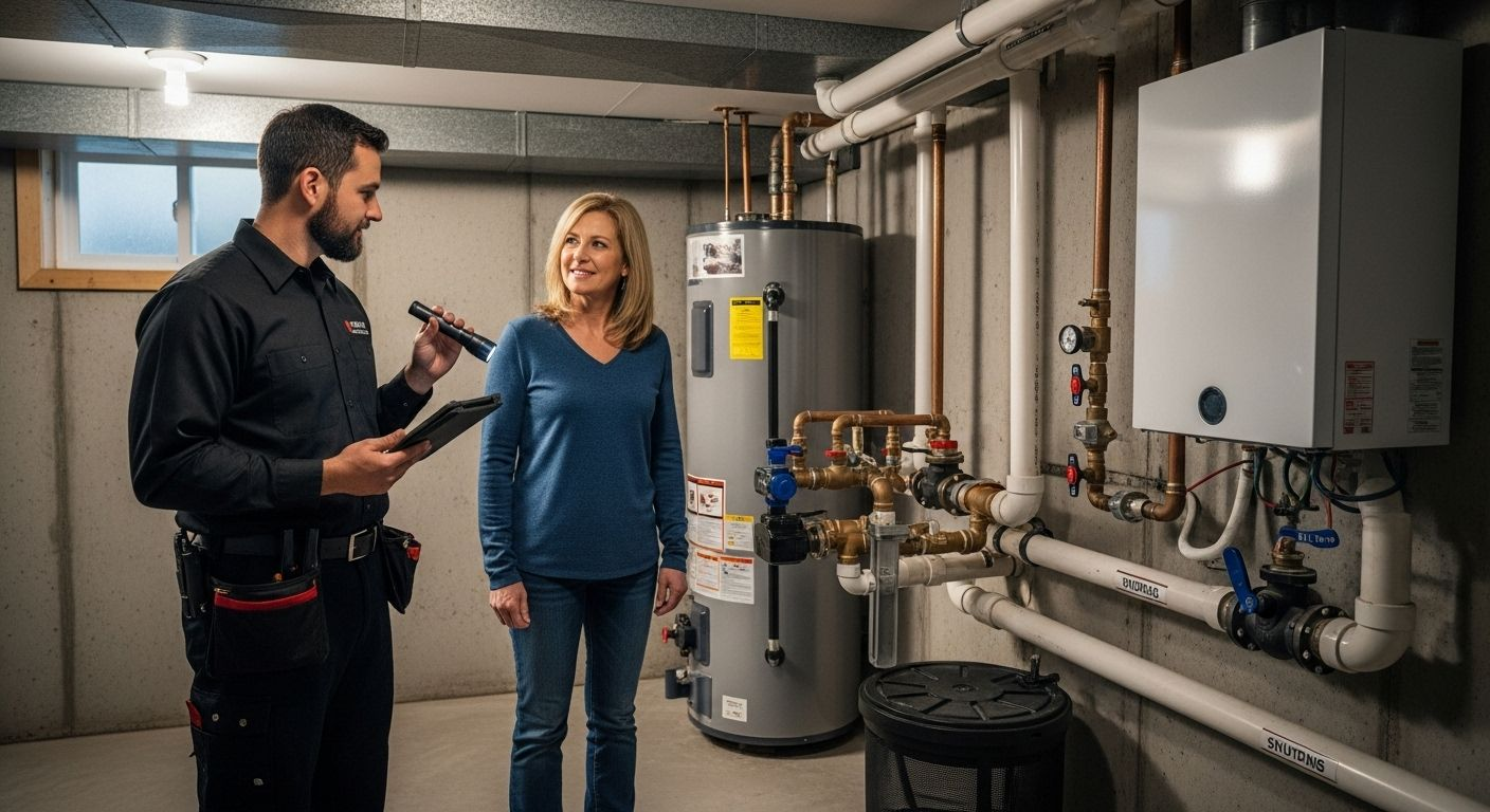 A repairman with a woman in a utility room. The repairman inspects equipment while the woman smiles.