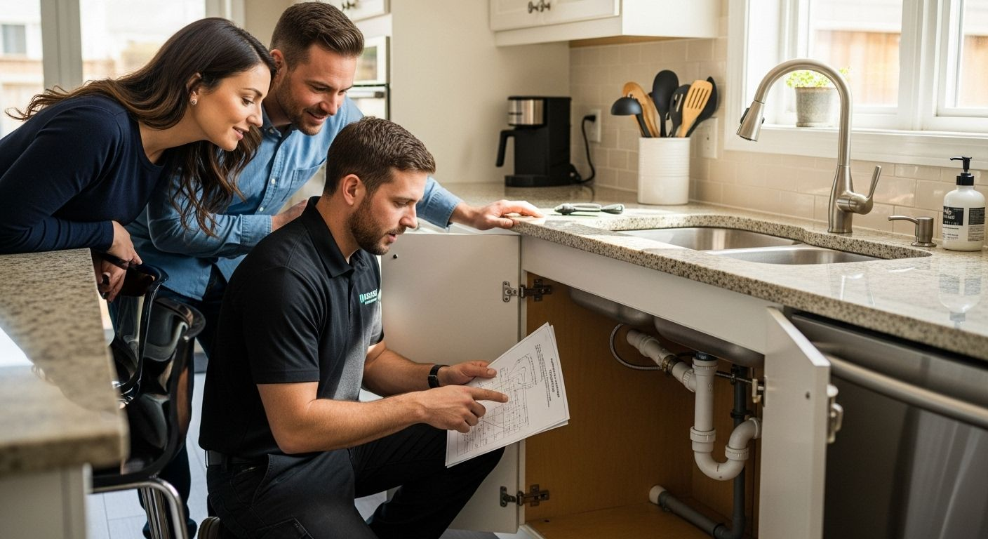 Plumber showing paperwork to a couple in their kitchen, pointing at the sink's pipes.