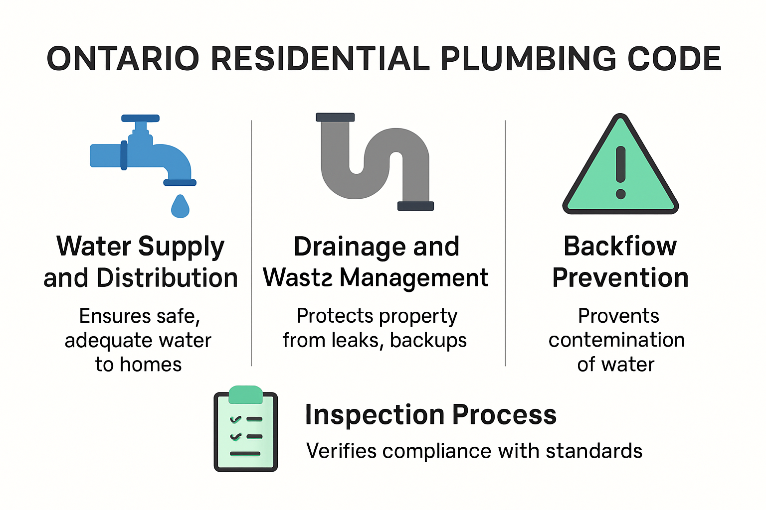 Graphic about the Ontario Residential Plumbing Code, with icons for water supply, drainage, backflow prevention, and inspection.