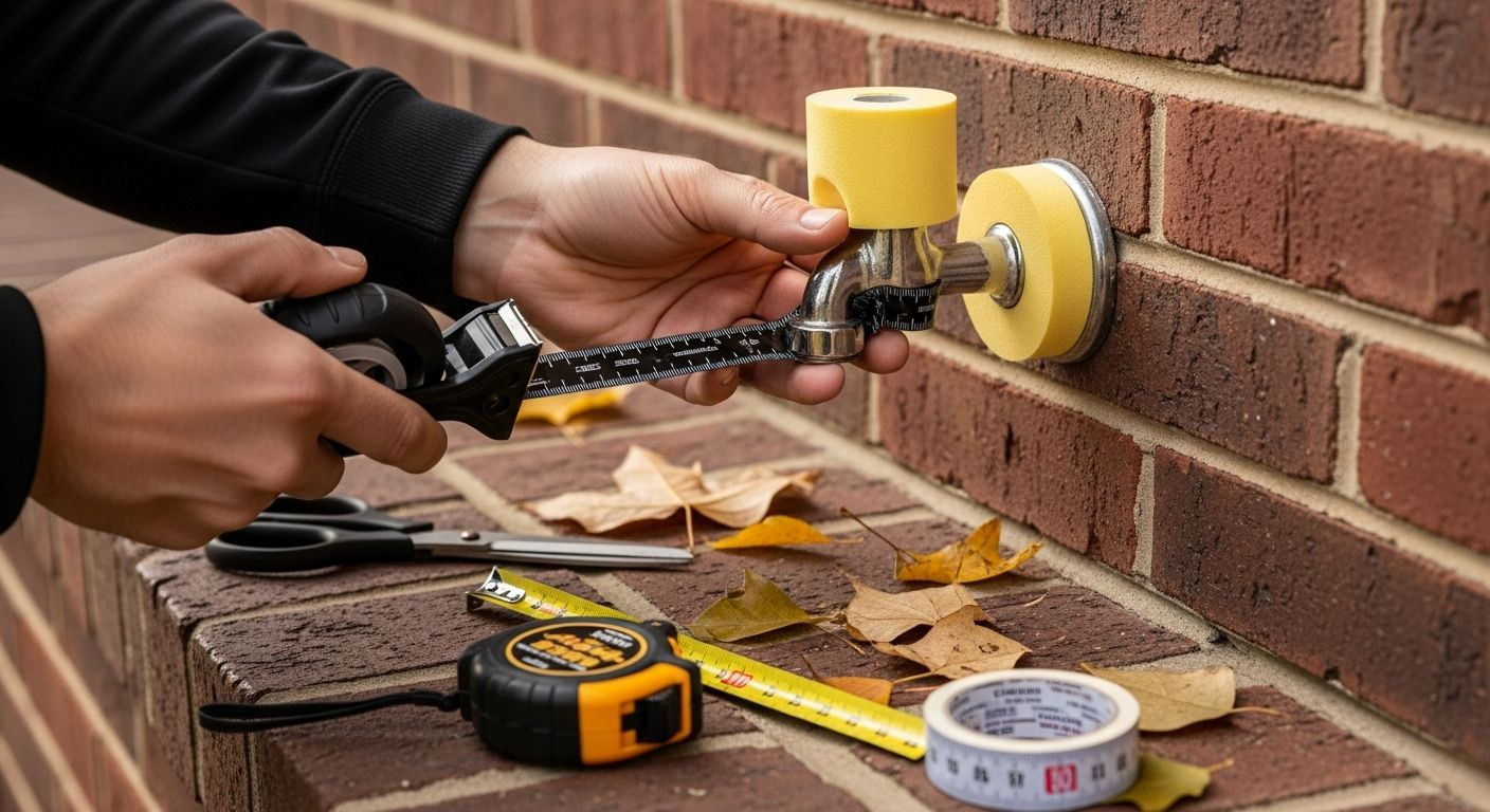 Person using a tool to work on a yellow outdoor faucet attached to a brick wall.