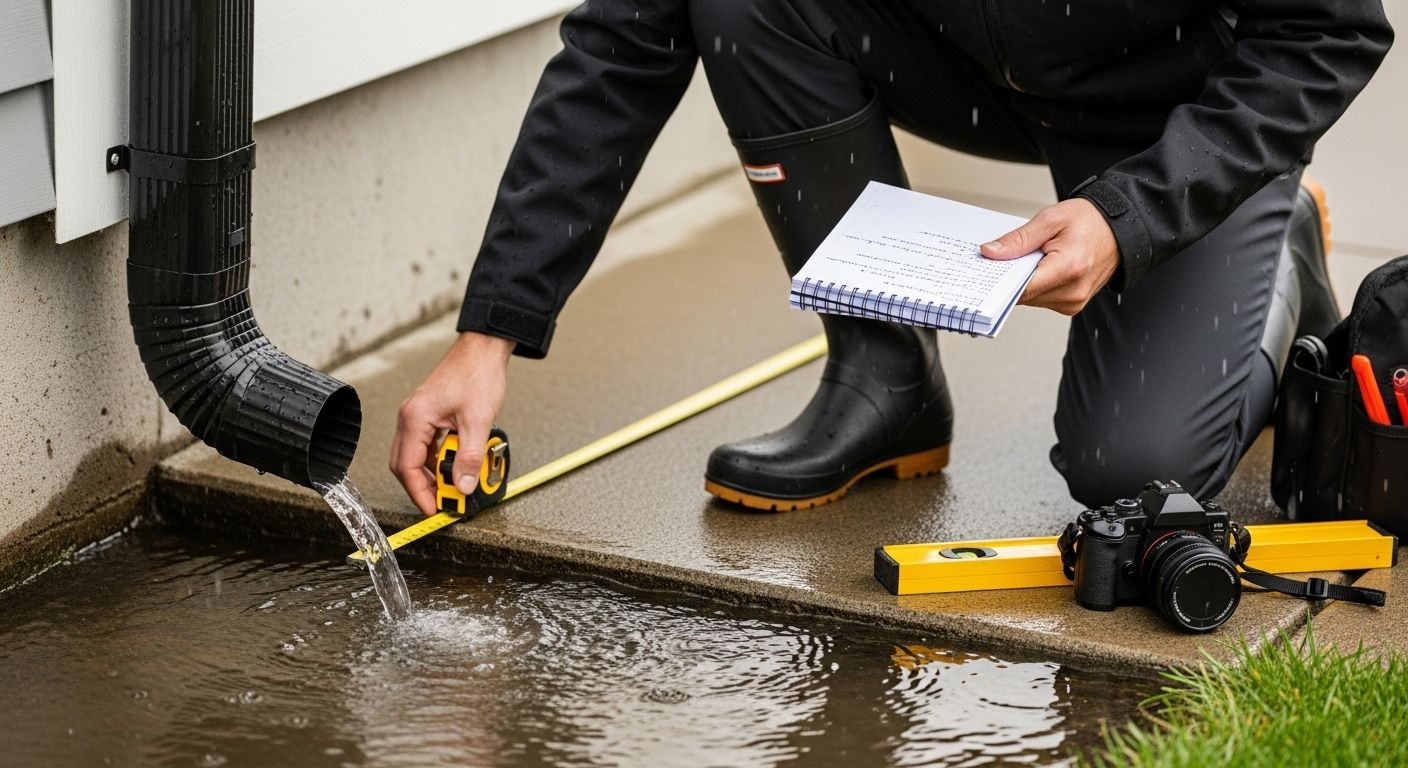 Person measuring water pooling near a downspout, likely assessing drainage.