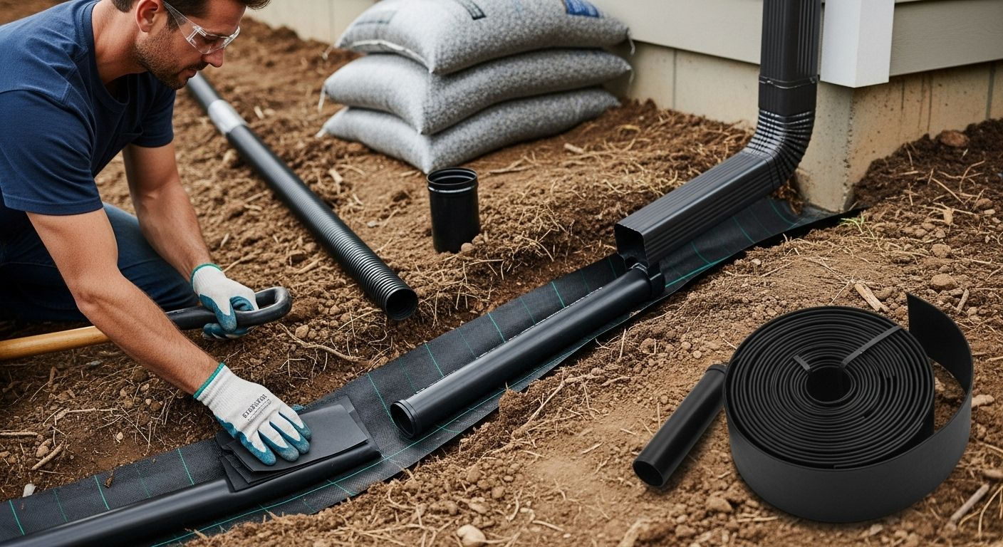 Man installing a black drainage system in a yard. Bags of gravel are nearby.