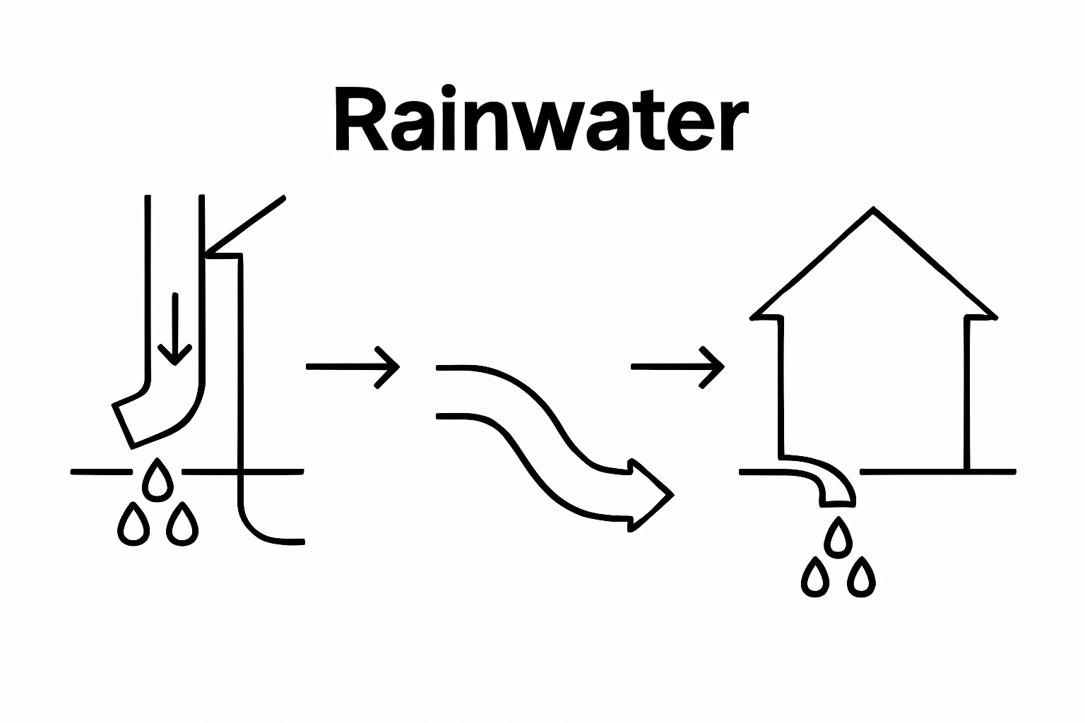 Diagram showing rainwater flowing from a downspout, through a channel, and out of a house's spout.