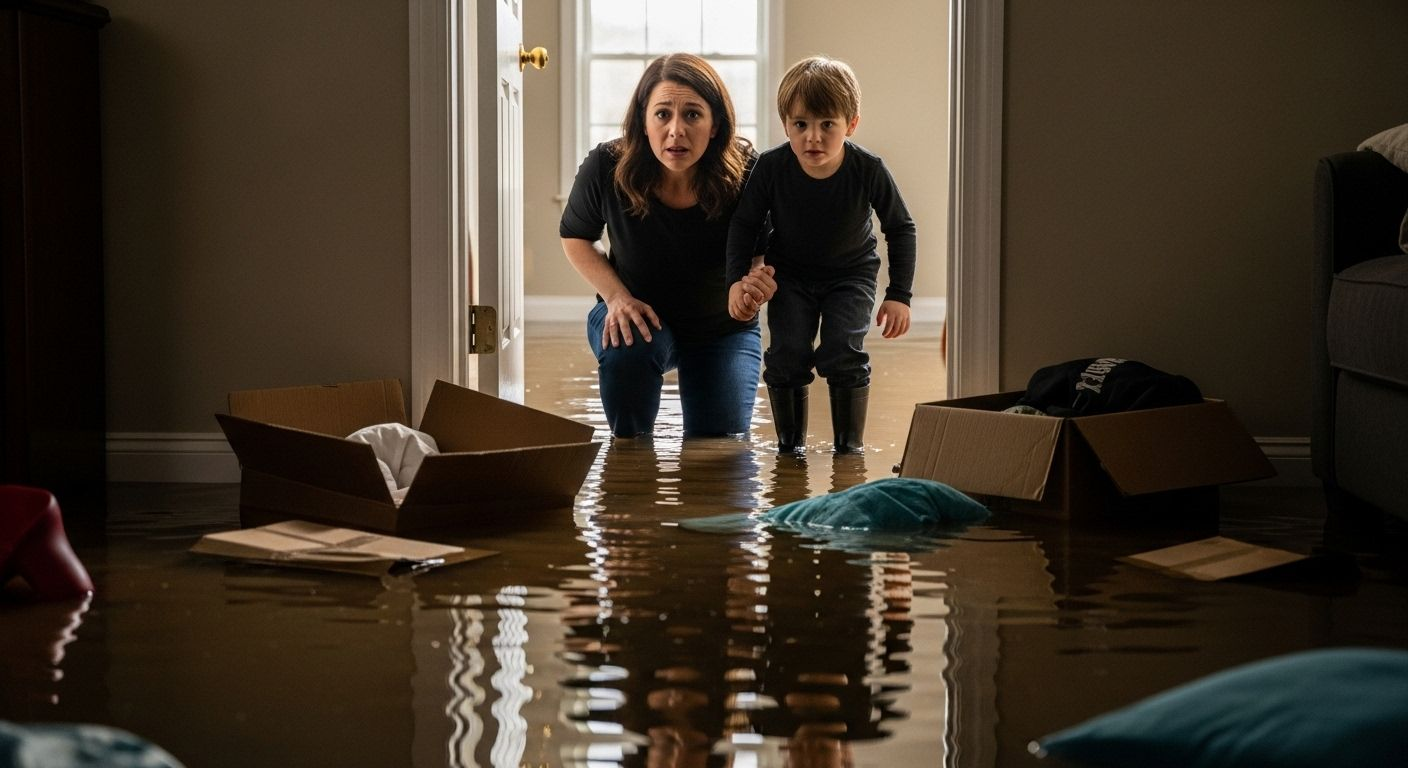 Woman and child wade through flooded room, looking concerned. Cardboard boxes and debris float.