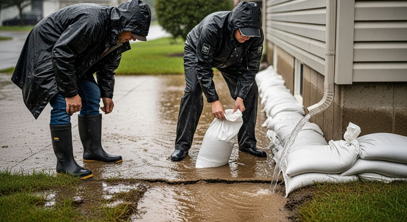 Two people in rain gear placing sandbags near a building's foundation to prevent flooding.